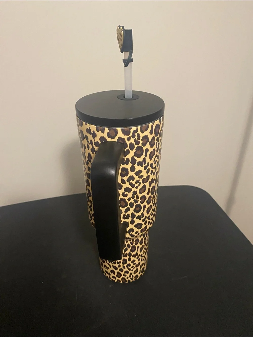 Betsey Johnson Leopard Print Travel Mug with Black Handle and Straw